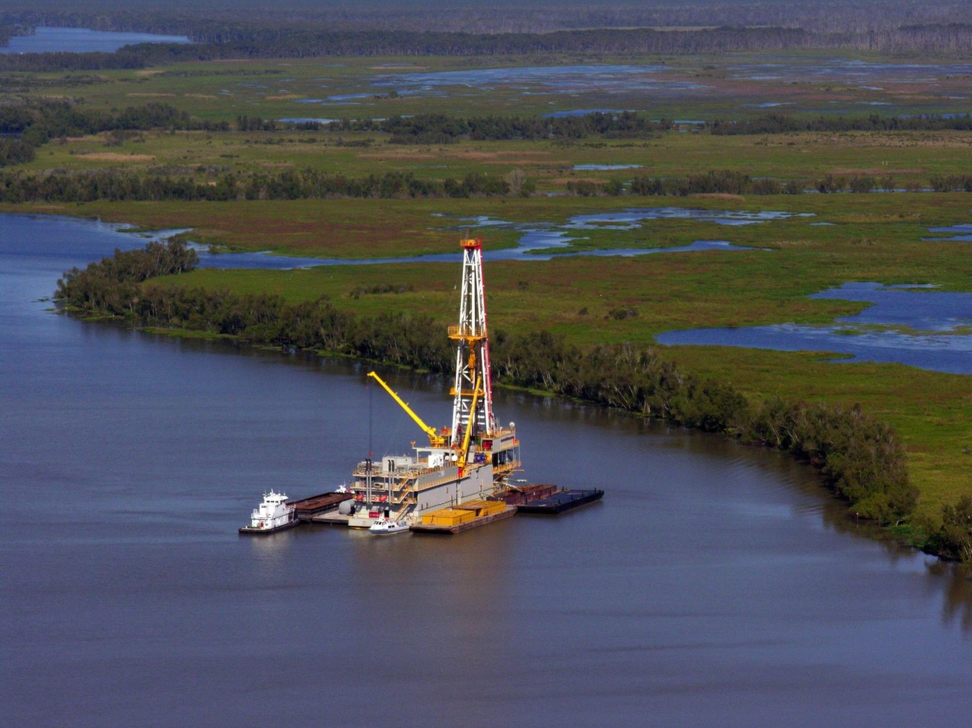 TDS Barge Rig 21 aerial view — inland barge drilling rig in bayou